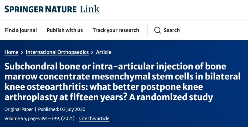 雙側膝骨關節(jié)炎:軟骨下骨或關節(jié)內注射骨髓濃縮間充質干細胞:哪種方法更有利于推遲15年后的膝關節(jié)置換術?一項隨機研究 雙側膝骨關節(jié)炎:軟骨下骨或關節(jié)內注射骨髓濃縮間充質干細胞:哪種方法更有利于推遲15年后的膝關節(jié)置換術?一項隨機研究