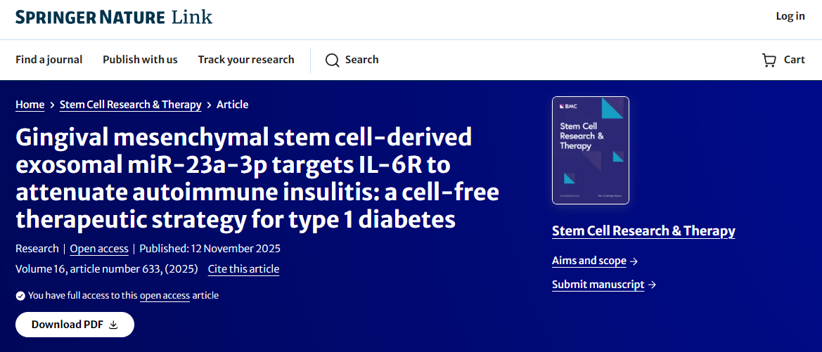 牙齦間充質干細胞來源的外泌體miR-23a-3p靶向IL-6R以減輕自身免疫性胰島炎：一種治療1型糖尿病的無細胞療法
