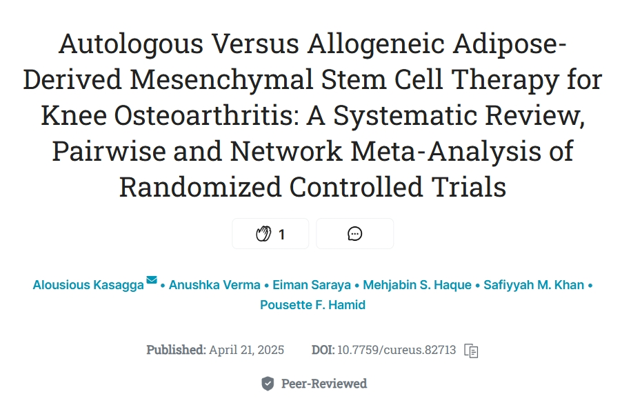 自體與同種異體脂肪間充質干細胞治療膝骨關節炎:隨機對照試驗的系統評價、成對和網絡薈萃分析 自體與同種異體脂肪間充質干細胞治療膝骨關節炎:隨機對照試驗的系統評價、成對和網絡薈萃分析