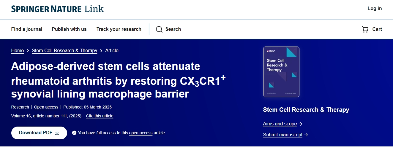 脂肪干細胞通過恢復 CX3CR1+滑膜內層巨噬細胞屏障減輕類風濕性關節炎 脂肪干細胞通過恢復 CX3CR1+滑膜內層巨噬細胞屏障減輕類風濕性關節炎