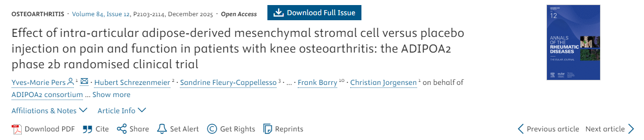 關節(jié)內注射脂肪來源間充質干細胞與安慰劑對膝骨關節(jié)炎患者疼痛和功能的影響:ADIPOA2 2b期隨機臨床試驗 關節(jié)內注射脂肪來源間充質干細胞與安慰劑對膝骨關節(jié)炎患者疼痛和功能的影響:ADIPOA2 2b期隨機臨床試驗