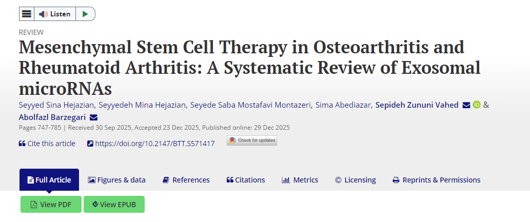 間充質干細胞療法在骨關節炎和類風濕性關節炎中的應用:外泌體微RNA的系統評價 間充質干細胞療法在骨關節炎和類風濕性關節炎中的應用:外泌體微RNA的系統評價