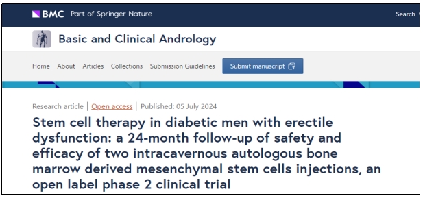 糖尿病男性勃起功能障礙的干細胞治療:一項為期 24 個月的開放標簽 2 期臨床試驗,隨訪兩次海綿體內自體骨髓間充質干細胞注射的安全性和有效性 糖尿病男性勃起功能障礙的干細胞治療:一項為期 24 個月的開放標簽 2 期臨床試驗,隨訪兩次海綿體內自體骨髓間充質干細胞注射的安全性和有效性