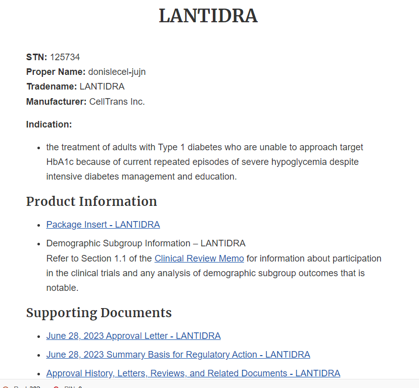 美國(guó)Food and Drug Administration（FDA）正式批準(zhǔn)Lantidra用于成人1型糖尿病患者