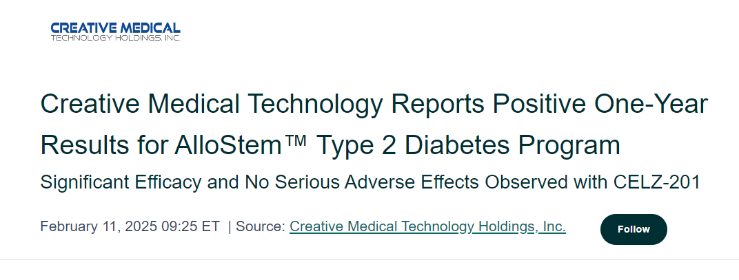 創新醫療技術公司報告AlloStem? 2型糖尿病項目一年來取得積極成果
CELZ-201 療效顯著，未觀察到嚴重不良反應