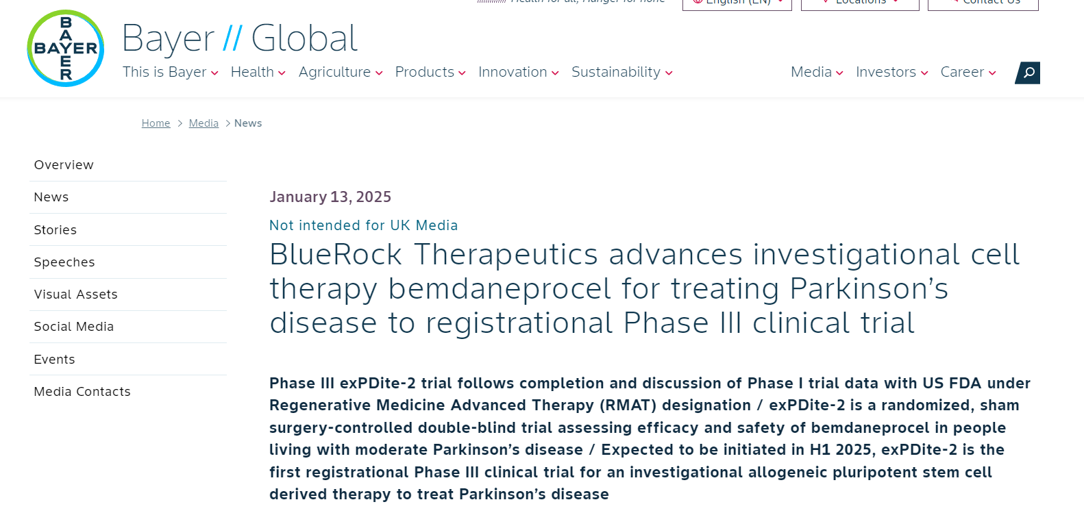 BlueRockTherapeutics推進(jìn)其在研細(xì)胞療法bemdaneprocel用于治療帕金森病進(jìn)入注冊(cè)川期臨床試驗(yàn)階段