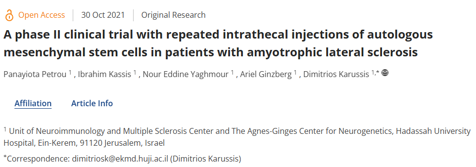 一項針對肌萎縮側索硬化癥患者的II期臨床試驗,采用自體間充質干細胞重復鞘內注射治療 一項針對肌萎縮側索硬化癥患者的II期臨床試驗,采用自體間充質干細胞重復鞘內注射治療