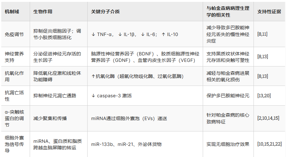 表1:間充質干細胞/基質細胞(MSC)治療帕金森病(PD)的可能機制 表1:間充質干細胞/基質細胞(MSC)治療帕金森病(PD)的可能機制